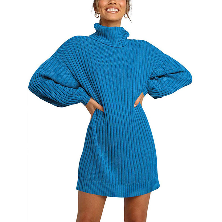 Damen Grobstrick Pulloverkleid mit hohem Kragen und überschnittenen Schultern Drune