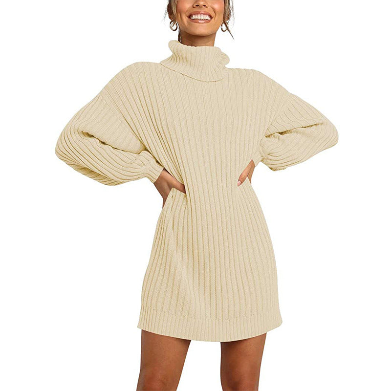 Damen Grobstrick Pulloverkleid mit hohem Kragen und überschnittenen Schultern Drune