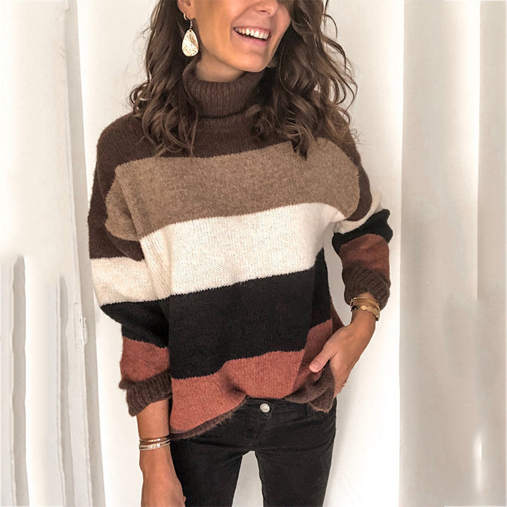Damen Grobstrickpullover mit hohem Kragen und gestreiftem Design Drune
