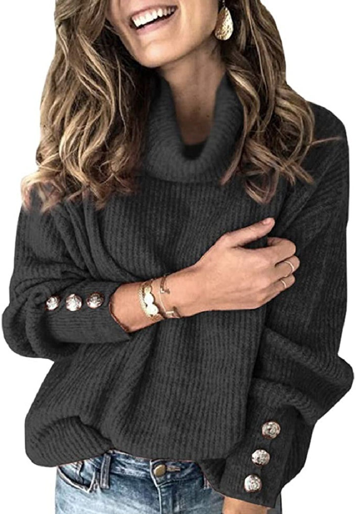 Damen Grobstrickpullover mit hohem Kragen und dekorativen Knopfdetails Drune
