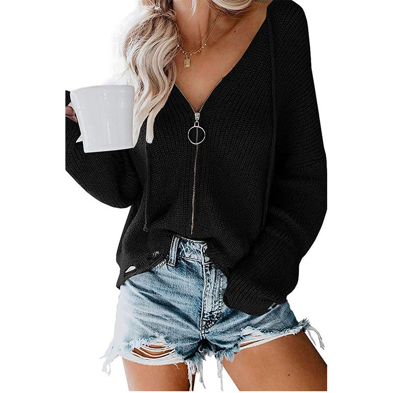 Damen V-Ausschnitt Strickpullover mit durchgehendem Reißverschluss und lässigem Schnitt Drune