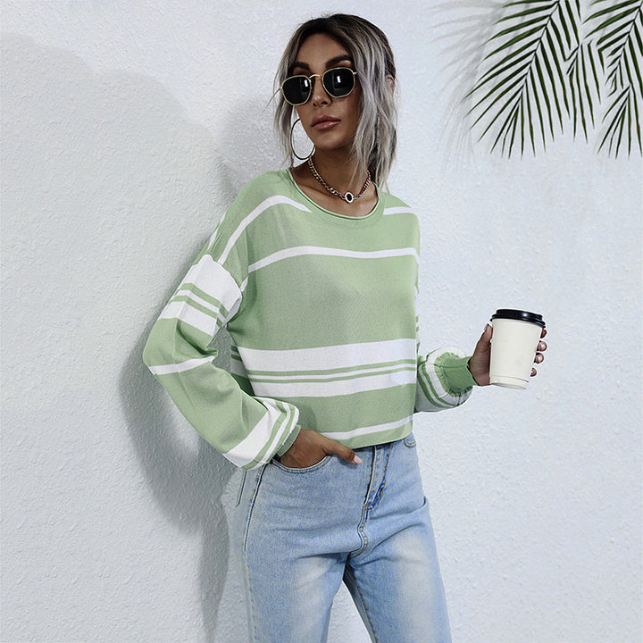 Damen lässiger Strickpullover mit gestreiftem Design und lockerer Passform Drune