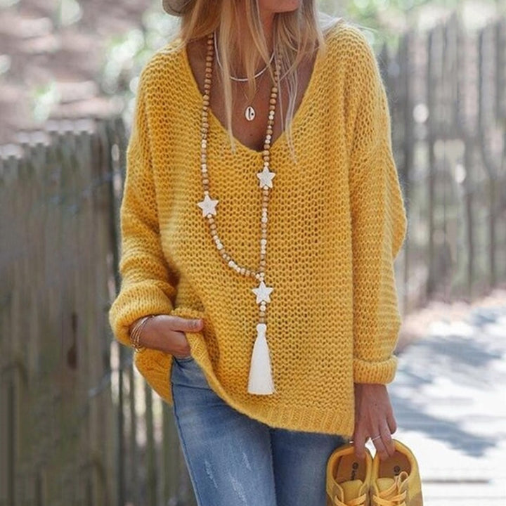 Damen Grobstrick Pullover mit weitem V-Ausschnitt und lässigem Schnitt Drune