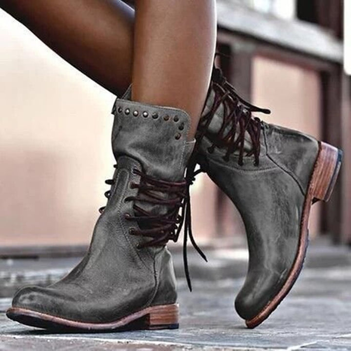 Damen nan robuste Worker-Boots mit dekorativer Wickelschnürung, Metallösen und profilierter Gummilaufsohle Drune