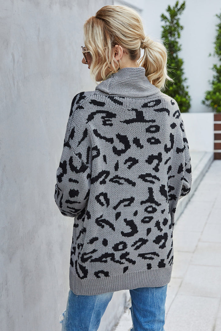 Drune Lockere Leopardenmuster Umlegekragen Pullover