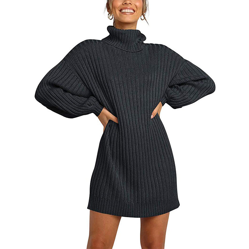 Damen Strickkleid mit hohem Kragen und weit geschnittenen Ärmeln Drune