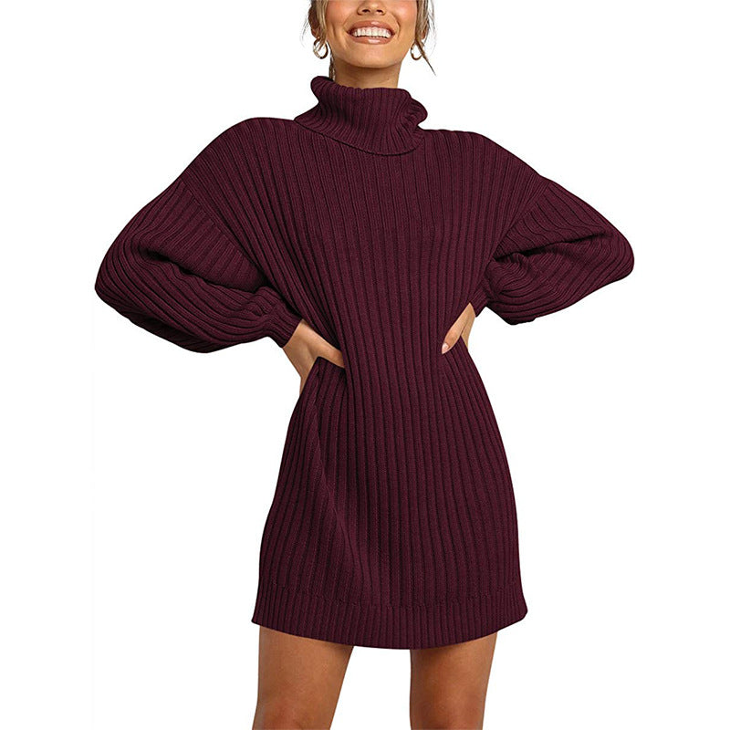 Damen Strickkleid mit hohem Kragen und weit geschnittenen Ärmeln Drune