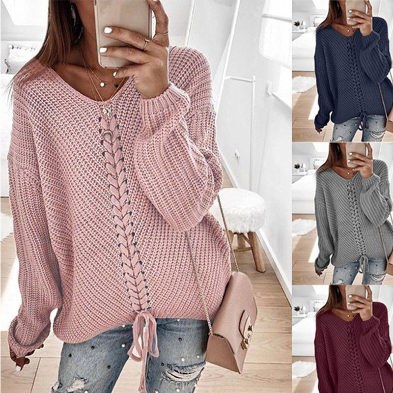 Damen Großer Strickpullover mit tiefem V-Ausschnitt und dekorativem Kordeldetail Drune