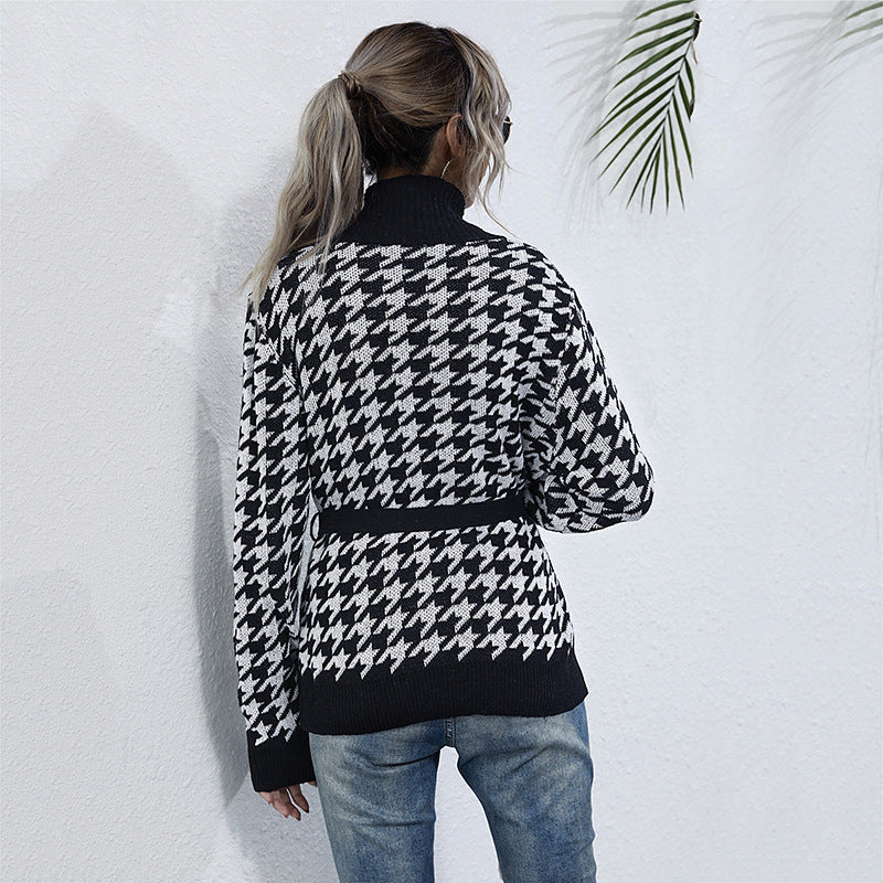 Damen Strickjacke mit modernem Karomuster und Taillengurt Drune