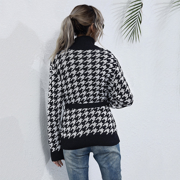 Damen Strickjacke mit modernem Karomuster und Taillengurt Drune