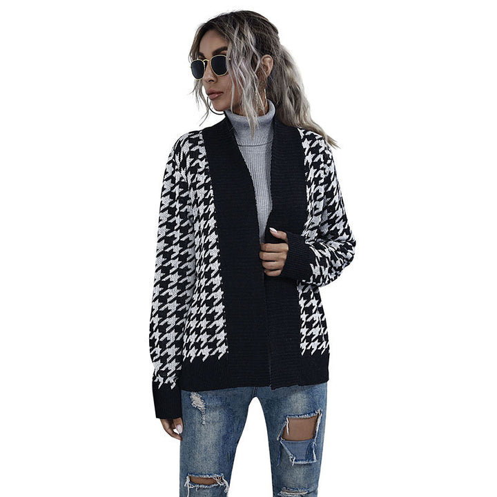 Damen Strickjacke mit modernem Karomuster und Taillengurt Drune