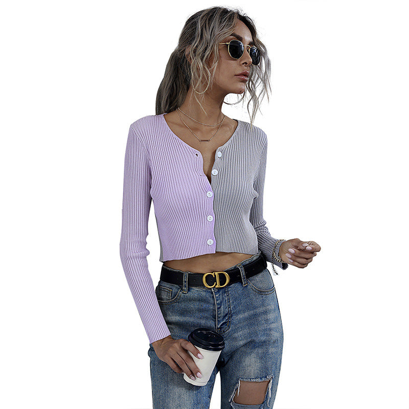 Damen kurzes Rippstrick-Oberteil mit modischem Knopfdesign Drune