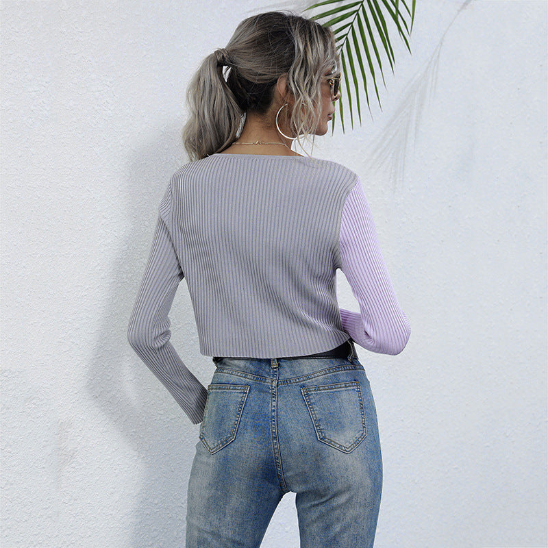 Damen kurzes Rippstrick-Oberteil mit modischem Knopfdesign Drune