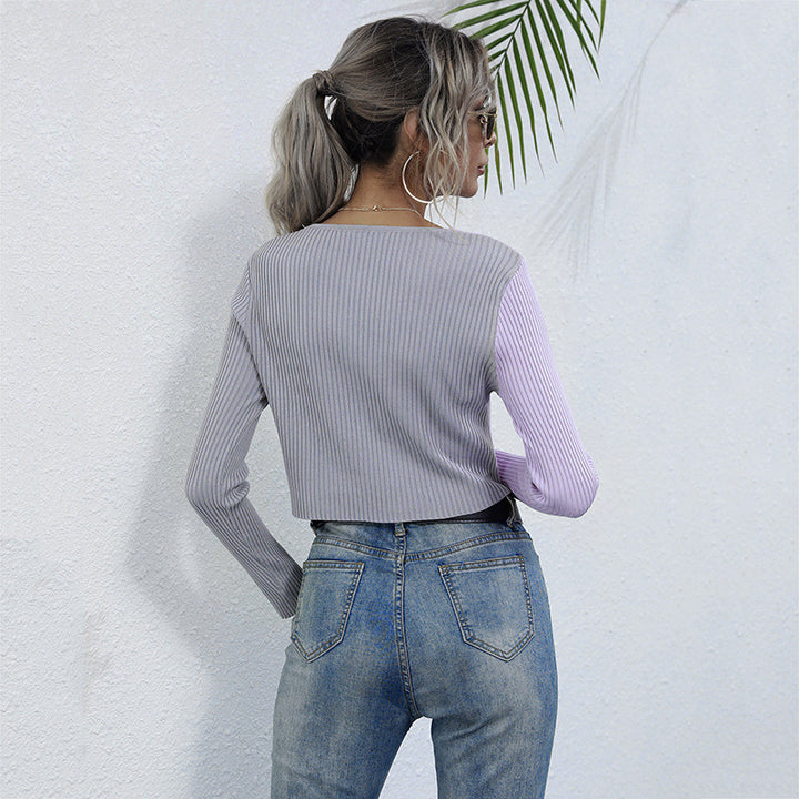 Damen kurzes Rippstrick-Oberteil mit modischem Knopfdesign Drune