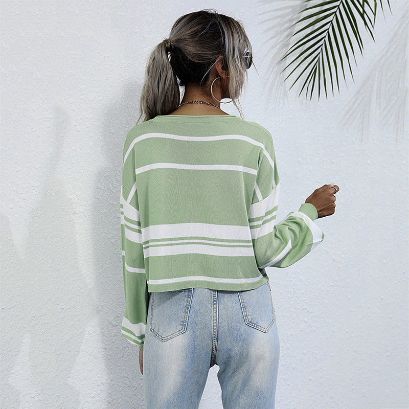Damen lässiger Strickpullover mit gestreiftem Design und lockerer Passform Drune