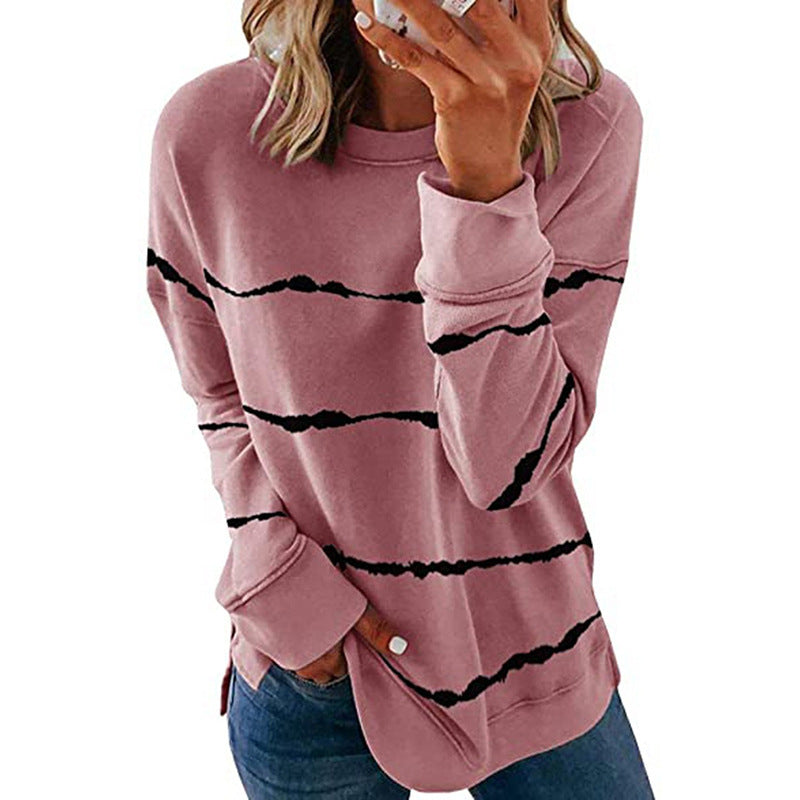 Damen nan lässiges Oversize-Sweatshirt mit wellenförmigem Streifenmuster Rundhals Seitenschlitzen und gerundetem Saum Drune