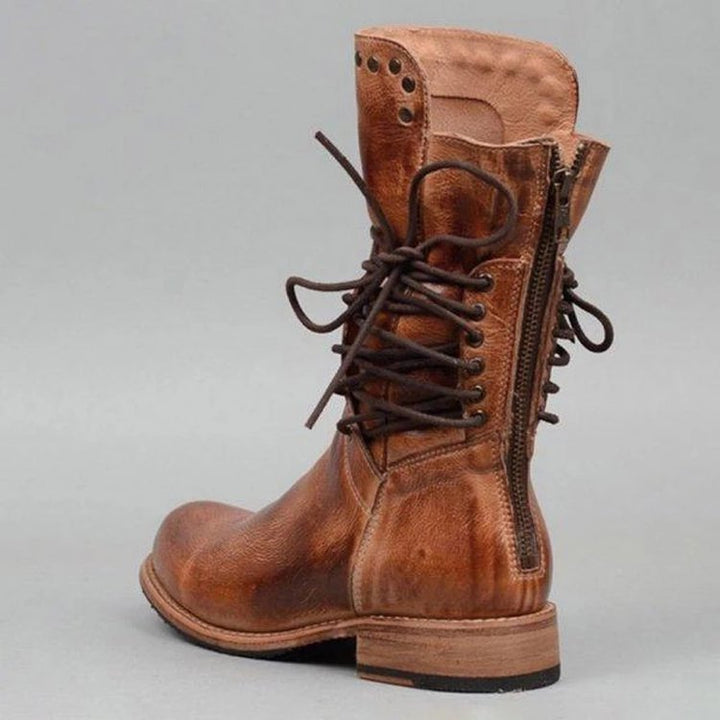 Damen nan robuste Worker-Boots mit dekorativer Wickelschnürung, Metallösen und profilierter Gummilaufsohle Drune