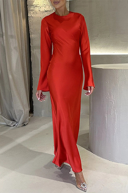 Drune | Rosiedress Rundhals Lange Ärmel Satin Maxi Partykleid