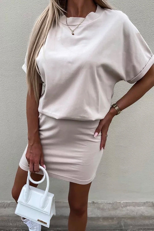 Drune | Rosiedress Rundhals Kurzarm Tailliertes Uni Mini Kleid