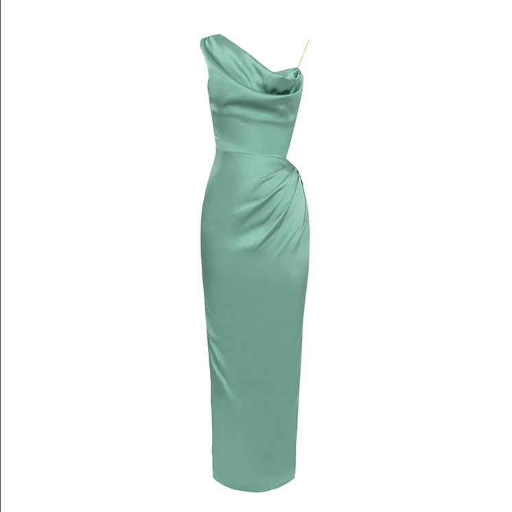 Asymmetrisches, figurbetontes Maxikleid mit hohem Schlitz | Grün