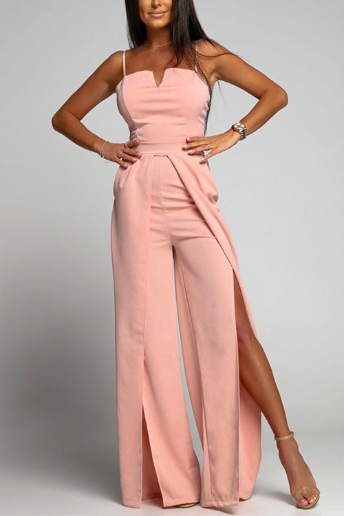 Drune | Hohe Taille Schlitz Fließender Breiter Bein Cami Jumpsuit