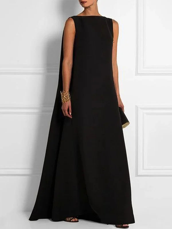 Drune | Breit, Einfach, Einfarbig, Ärmellos, Ärmellos, V-Ausschnitt, Lange Breite Kleid