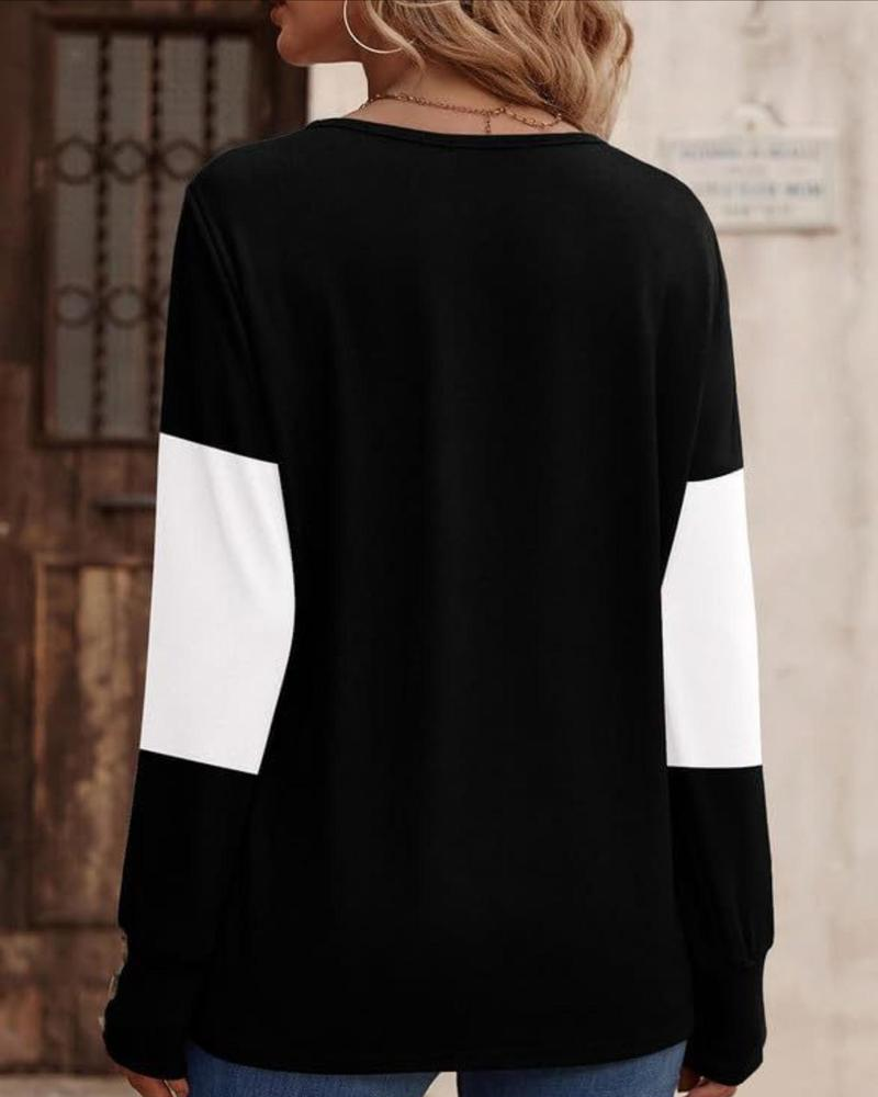 Drune | Shirt Damen Colorblock Druck Knopf Deko Fallende Schulter