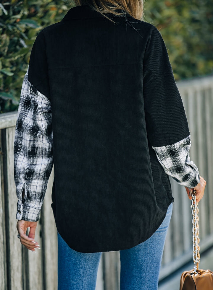 Drune | Karierte Farbblock Gefallen Schulter Corduroy Shacket
