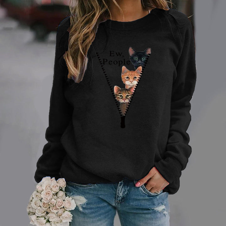 Drune | Rundhals Sweatshirt - Lockere Passform - Katzen Grafik - Weicher Baumwollmix