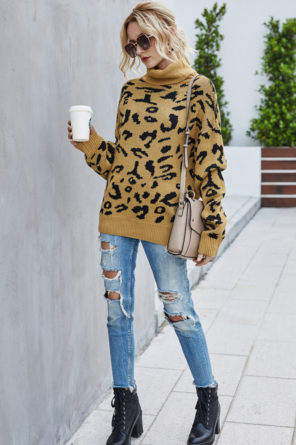 Drune Lockere Leopardenmuster Umlegekragen Pullover
