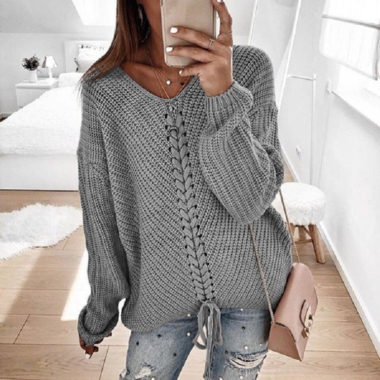 Damen Großer Strickpullover mit tiefem V-Ausschnitt und dekorativem Kordeldetail Drune