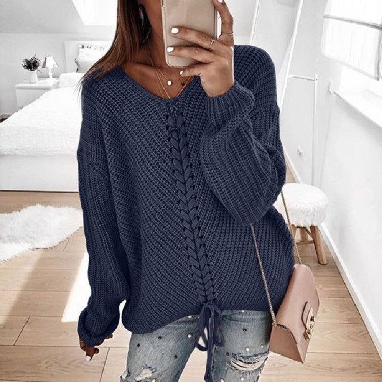 Damen Großer Strickpullover mit tiefem V-Ausschnitt und dekorativem Kordeldetail Drune