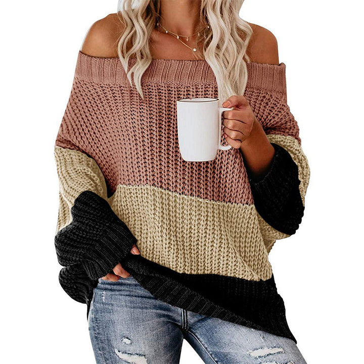 Damen lässiger Grobstrickpullover mit Off-Shoulder Design und dekorativer Farbkombination Drune