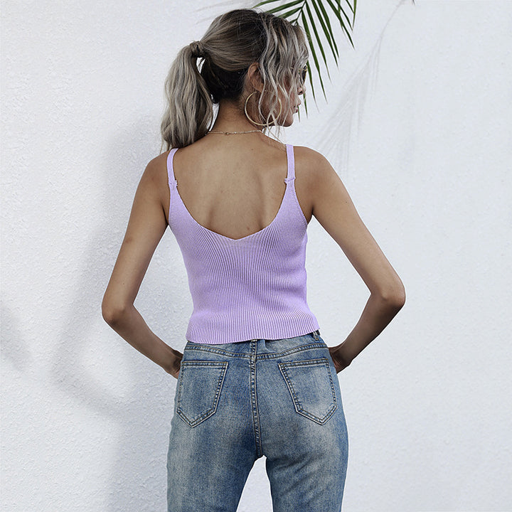 Damen ärmelloses Rippstricktop mit Knopfleiste und dezentem Design Drune