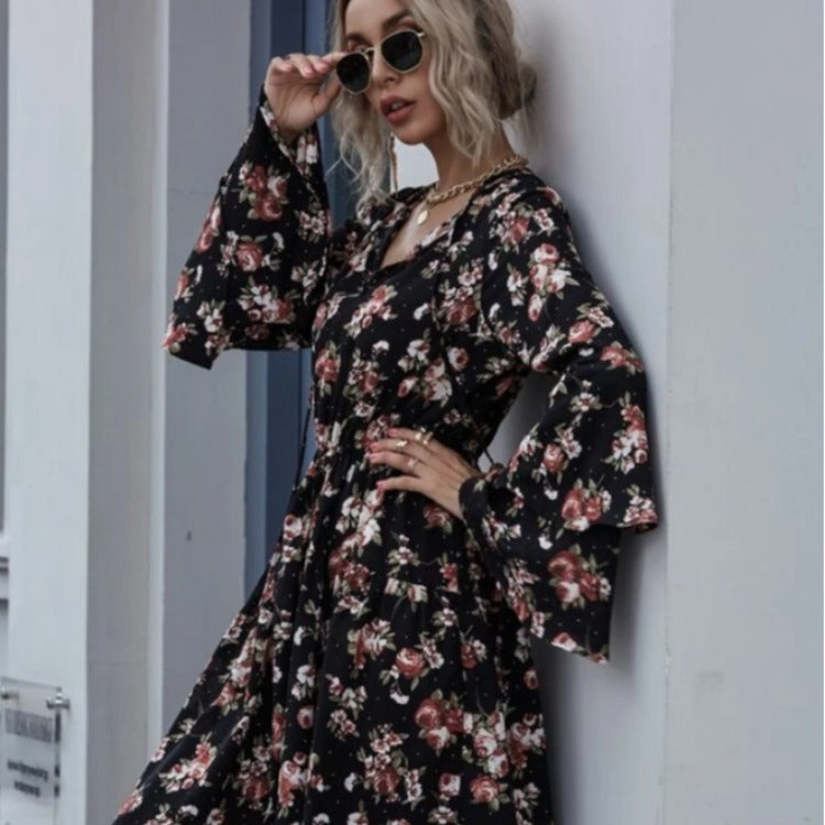 Damen Midikleid mit weit ausgestellten Ärmeln und floralen Mustern Drune