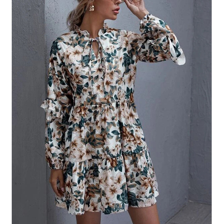 Damen luftiges Blumen-Midikleid mit Raffungen und verspieltem Ausschnitt Drune