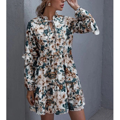 Damen luftiges Blumen-Midikleid mit Raffungen und verspieltem Ausschnitt Drune