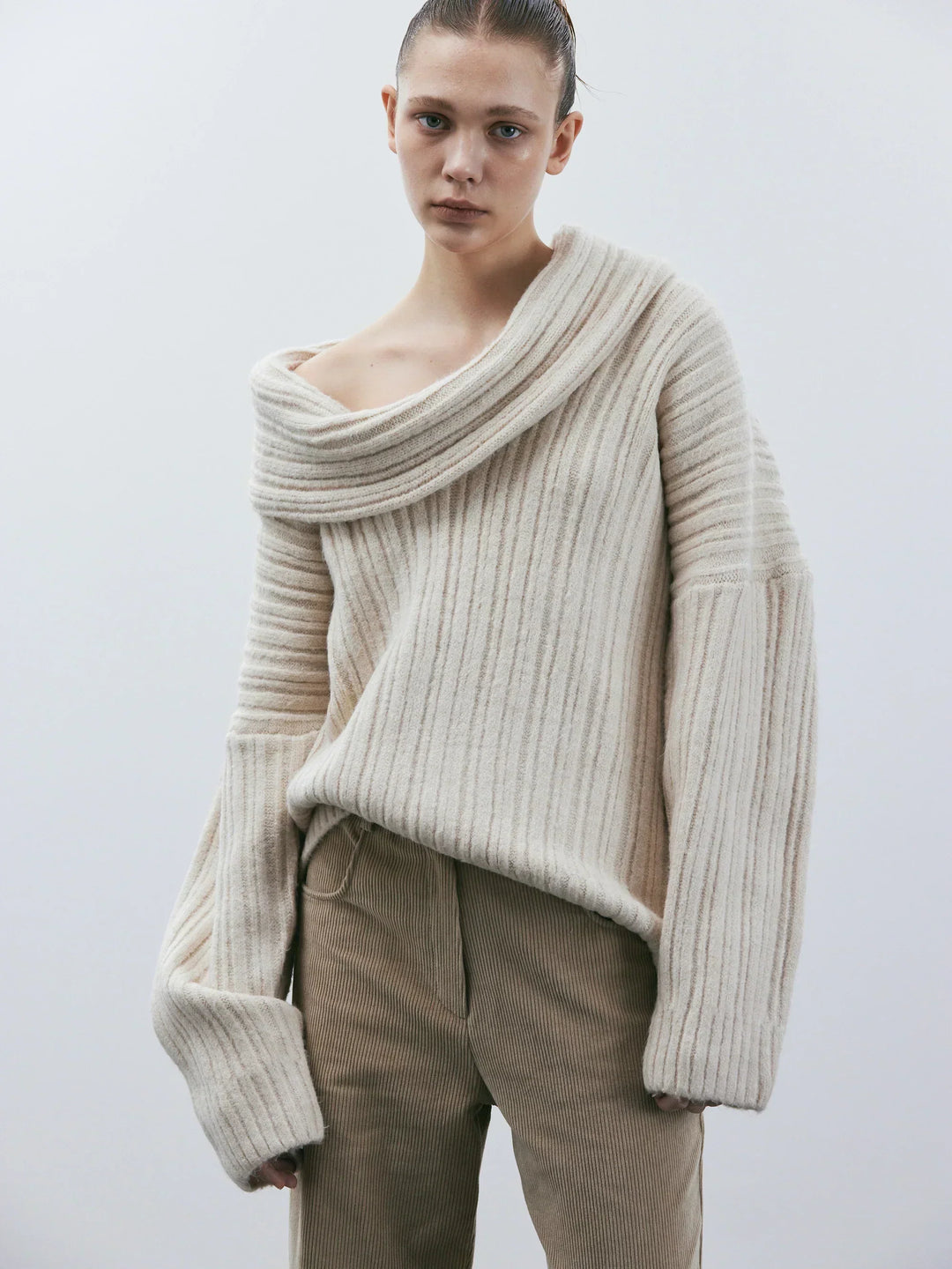 Drune | Übergröße Passform Gerippte Strick Wolle Off-Shoulder Design