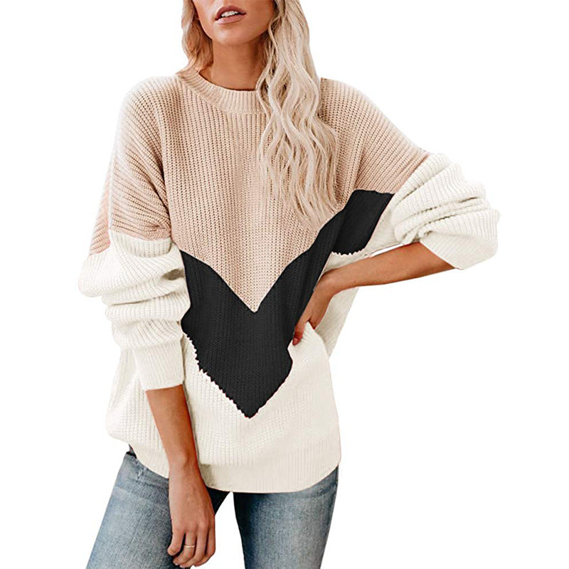 Damen Grobstrickpullover mit V-förmigem Farbdesign Drune