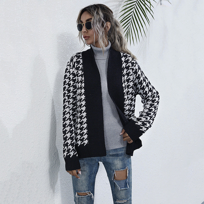 Damen Strickjacke mit modernem Karomuster und Taillengurt Drune