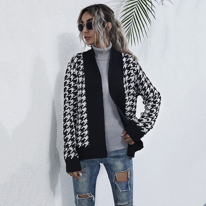 Damen Strickjacke mit modernem Karomuster und Taillengurt Drune