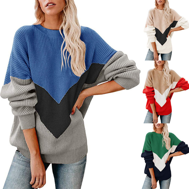 Damen Grobstrickpullover mit V-förmigem Farbdesign Drune