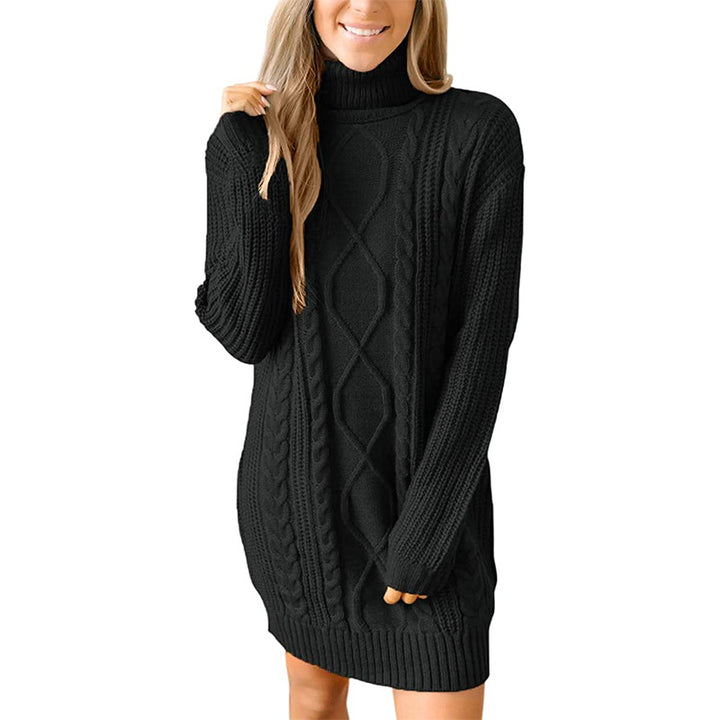 Damen Grobstrick Pulloverkleid mit traumhaftem Zopfmuster und hohem Kragen Drune