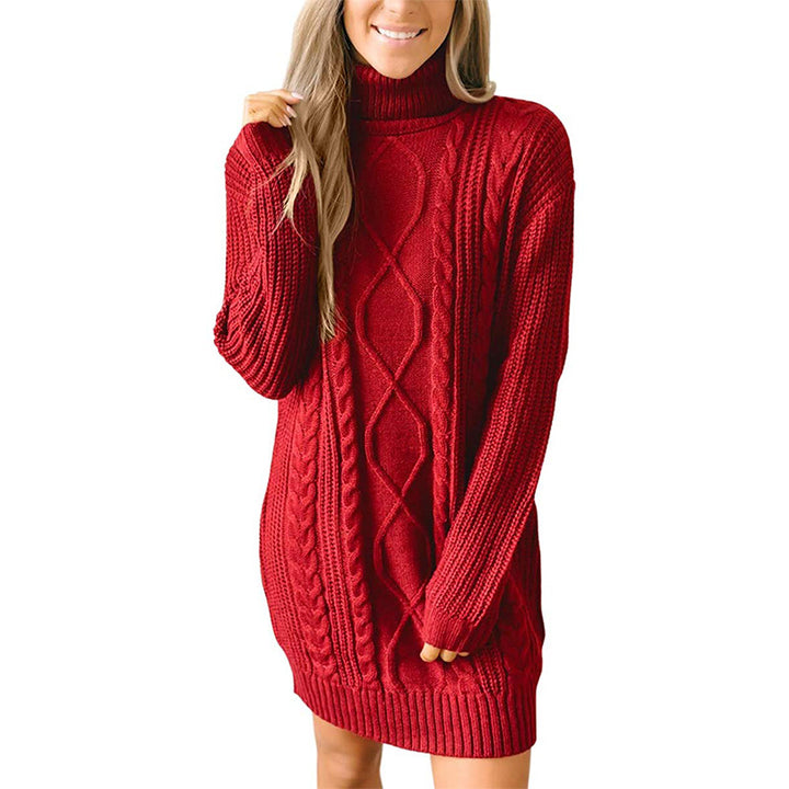 Damen Grobstrick Pulloverkleid mit traumhaftem Zopfmuster und hohem Kragen Drune