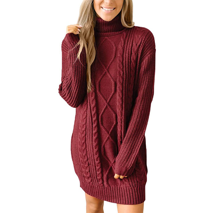 Damen Grobstrick Pulloverkleid mit traumhaftem Zopfmuster und hohem Kragen Drune