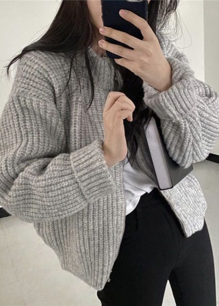 Drune | Reißverschluss Chunky Strickcardigan - Oversized Rippstrickjacke
