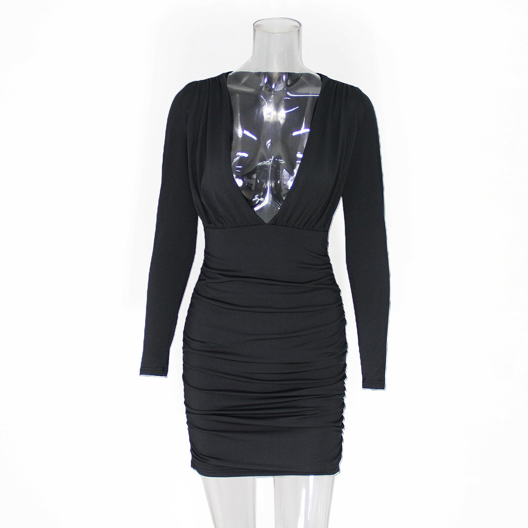 Damen figurbetontes Abendkleid mit tiefem V-Ausschnitt und langen Ärmeln Drune