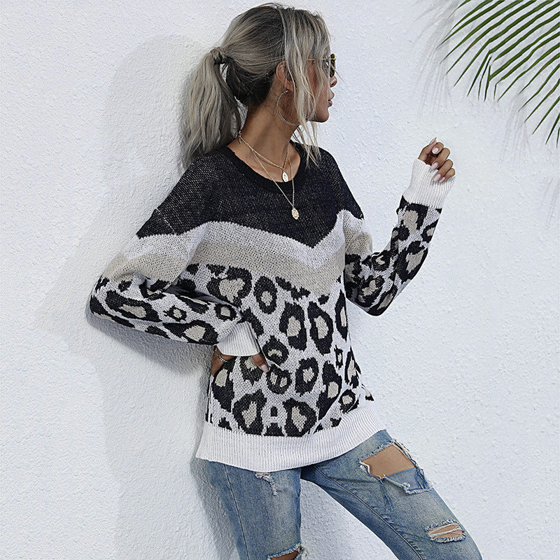 Damen modischer Strickpullover mit Leopardenmuster und grafischem Design Drune