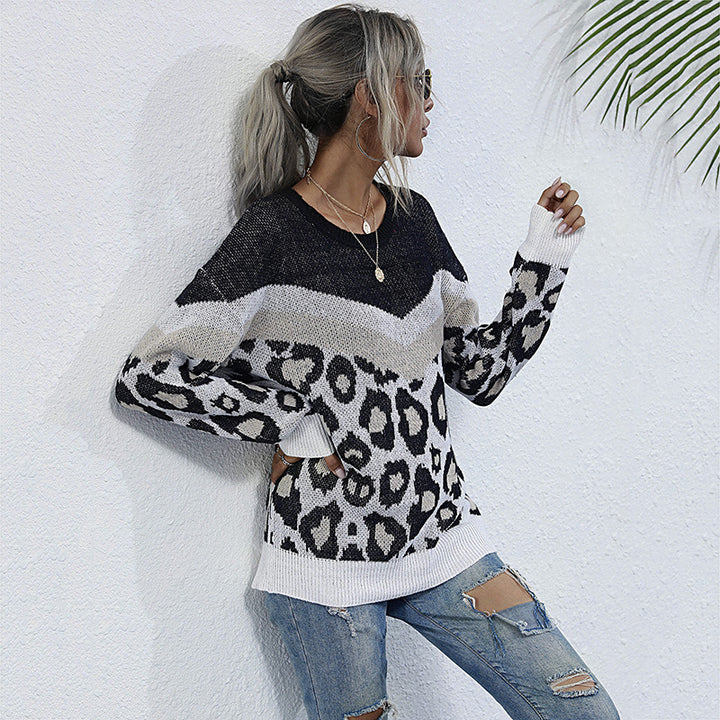 Damen modischer Strickpullover mit Leopardenmuster und grafischem Design Drune