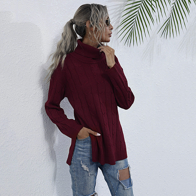 Damen Grobstrick Pullover mit Stehkragen Drune